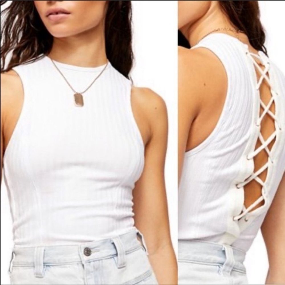 HP Free People White Ribbed Back  Lace-up Tank Top Size M